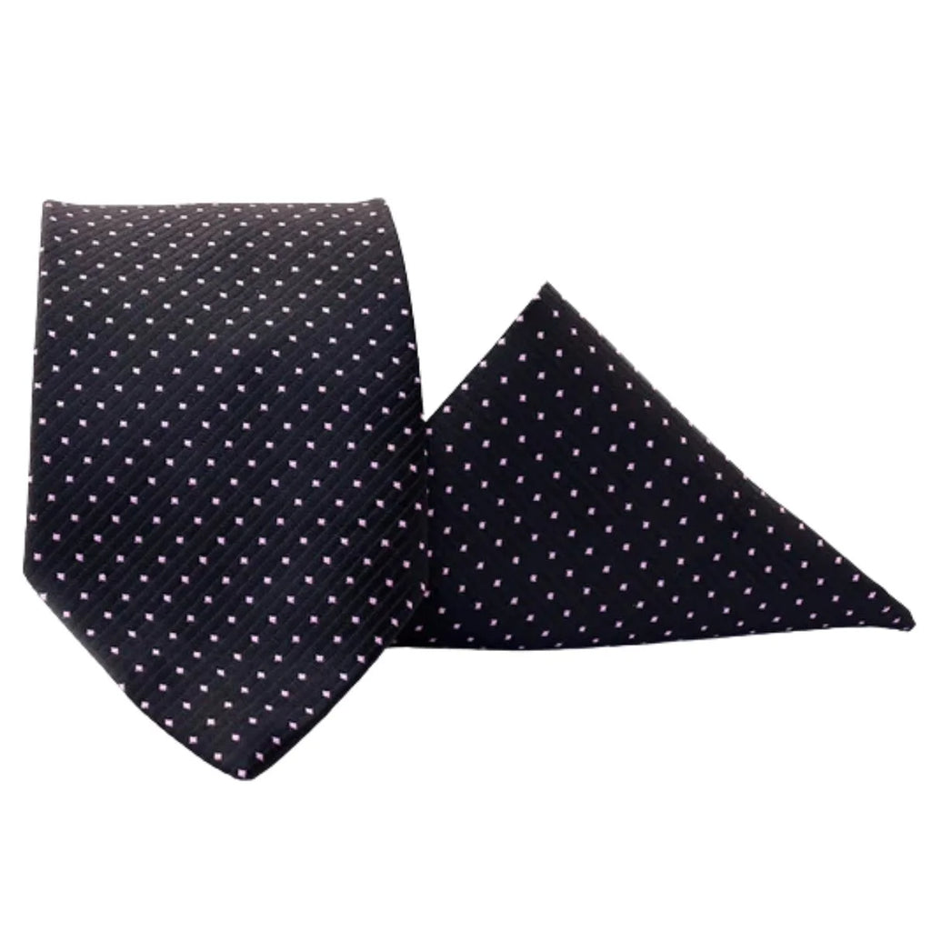 Black Bulleted Patterned Tie with Pocket Square | Premium Men’s Formal Tie Set | Textured Bullet Design