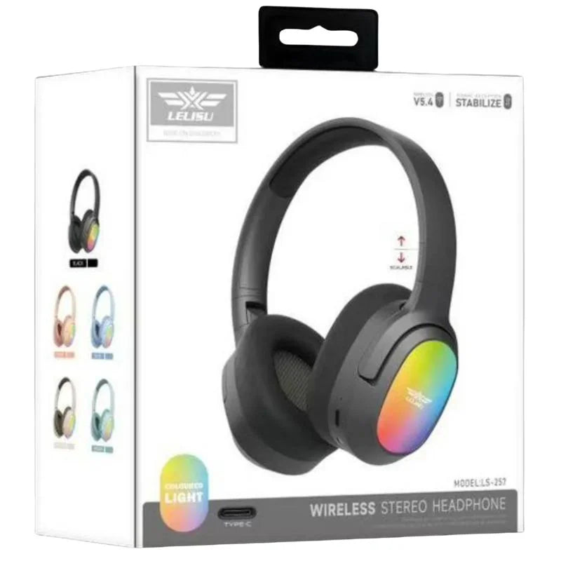 Lelisu LS-257 Wireless Stereo Headphones | Bluetooth 5.4 Over-Ear Headset with Type-C Charging & LED Lights